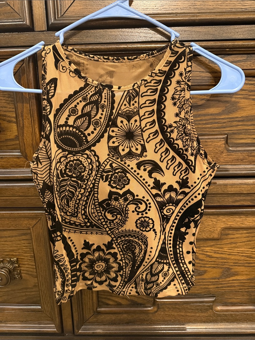 Sleeveless Sheer Tan Tank Top with Black Velvet Paisley Print XS